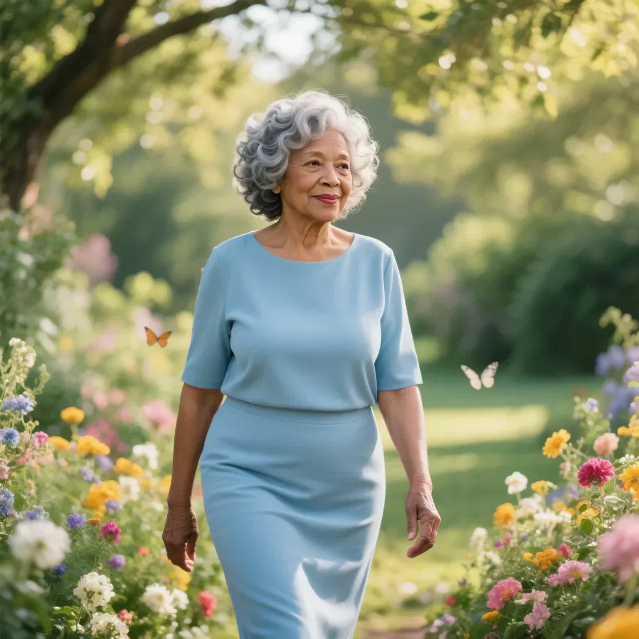 Smiling older Black woman wearing a natural-looking salt and pepper human hair wig, standing in soft sunlight.