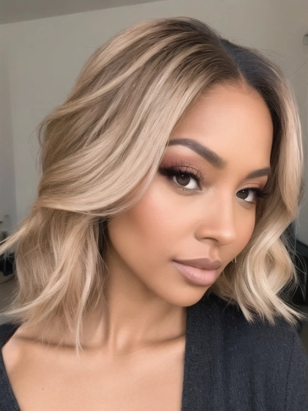 Luvwin Ombre Blonde With Brown Highlights Natural Root 13x4 Pre-cut Frontal Lace Bob Wig