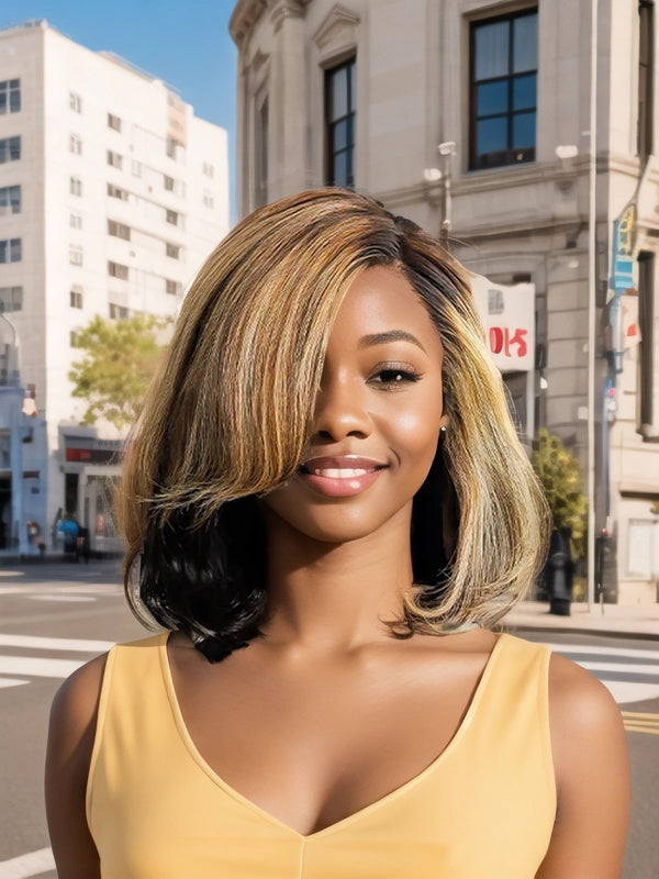 Luvwin P4/27 Mix Color Highlight Wavy Lace Frontal Bob Wig With Bang