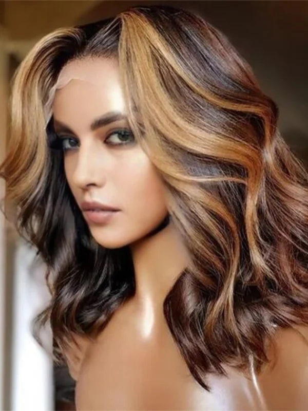 Luvwin 13x4&13x6 Honey Blonde Highlight Wavy Human Hair Bob Wig Pre-Cut Hd Lace