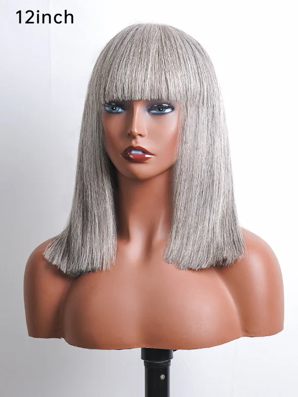 A 12-inch Salt wig side view, highlighting the full machine-made bangs and seamless lace front. Suitable for women who want an elegant and easy-to-manage look, perfect for everyday wear.