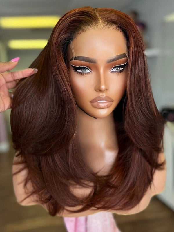 Luvwin Auburn Brown Color Layered Texture Hair 13x4 Lace Frontal Wavy Wig