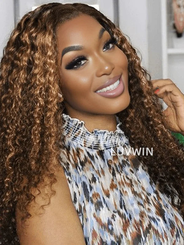 Luvwin 5x5 Side Part Water Wave Brown Highlights Pre-Cut Transparent Closure Wig