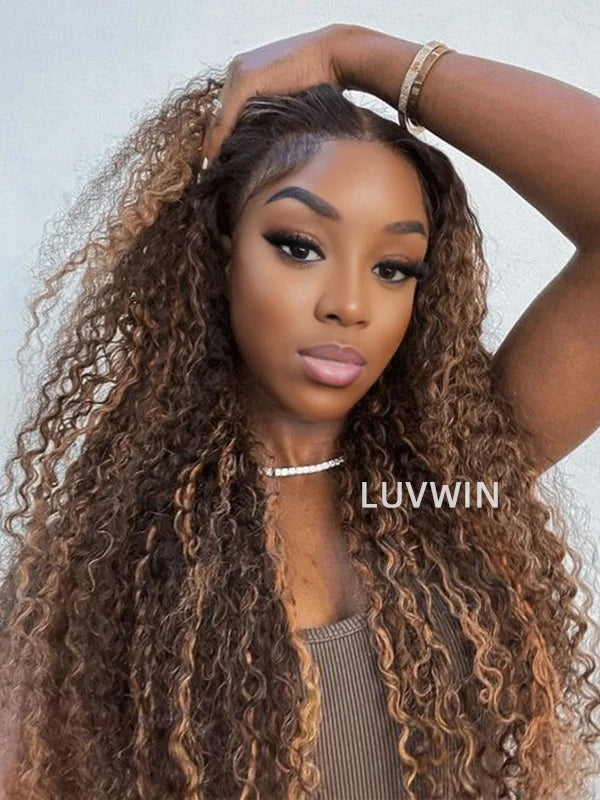 Luvwin 5x5 Side Part Water Wave Brown Highlights Pre-Cut Transparent Closure Wig