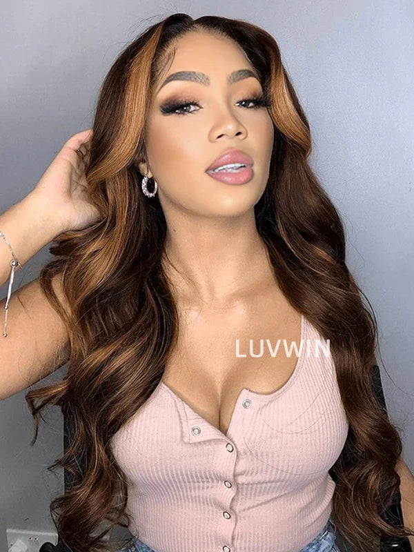 Luvwin 13x4&13x6 Money Piece Loose Wave Brown Color Pre-Cut Lace HD Frontal Wig With Bangs