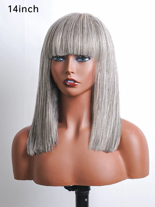 Side view of the 14-inch Salt wig, featuring a natural, seamless lace front and full machine-made bangs. Ideal for women who prefer a stylish, natural appearance with minimal upkeep.
