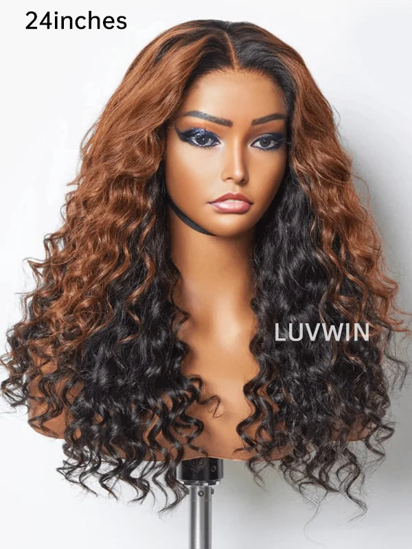 Luvwin 13x4 HD Frontal Peekaboo Ombre Brown Highlight Color Water Wave Pre-Cut Lace Wig