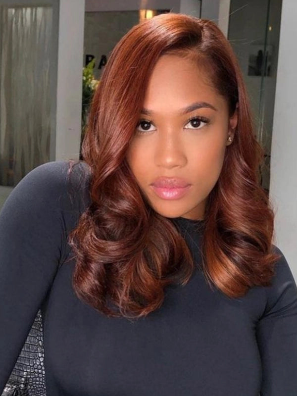 Luvwin Auburn Brown Color Layered Texture Hair 13x4 Lace Frontal Wavy Wig