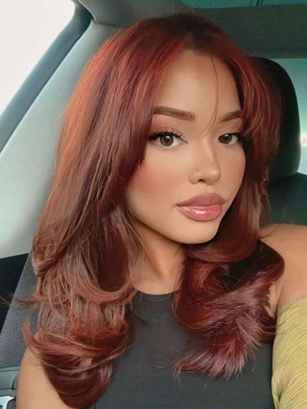 Luvwin Auburn Brown Color Layered Texture Hair 13x4 Lace Frontal Wavy Wig