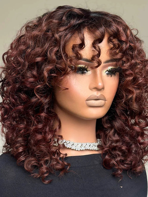 Luvwin Water Wave Perruque courte à frange sans dentelle 100 % cheveux humains