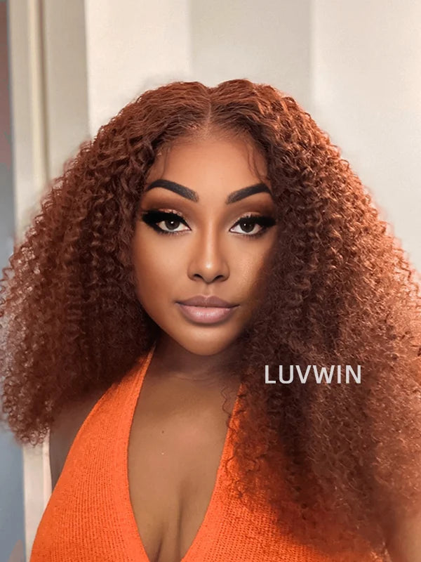 Luvwin Reddish Brown Pre-Cut Glueless Lace Wig Wear and Go Kinky Curly 100%Human Hair