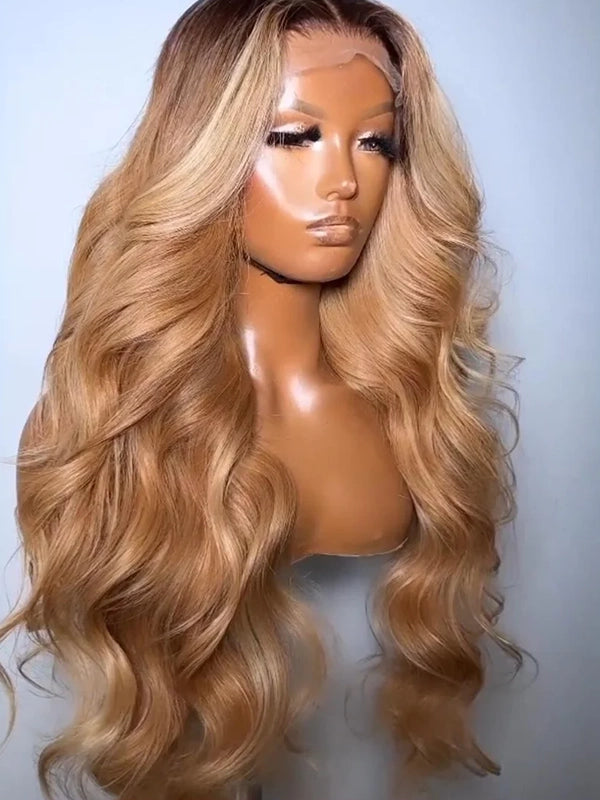 Luvwin 13x4 Frontal Pre-cut Lace Ombre Blonde Color Wig With Black Hair Root Body Wave Hair