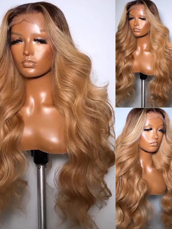 Luvwin 13x4 Frontal Pre-cut Lace Ombre Blonde Color Wig With Black Hair Root Body Wave Hair