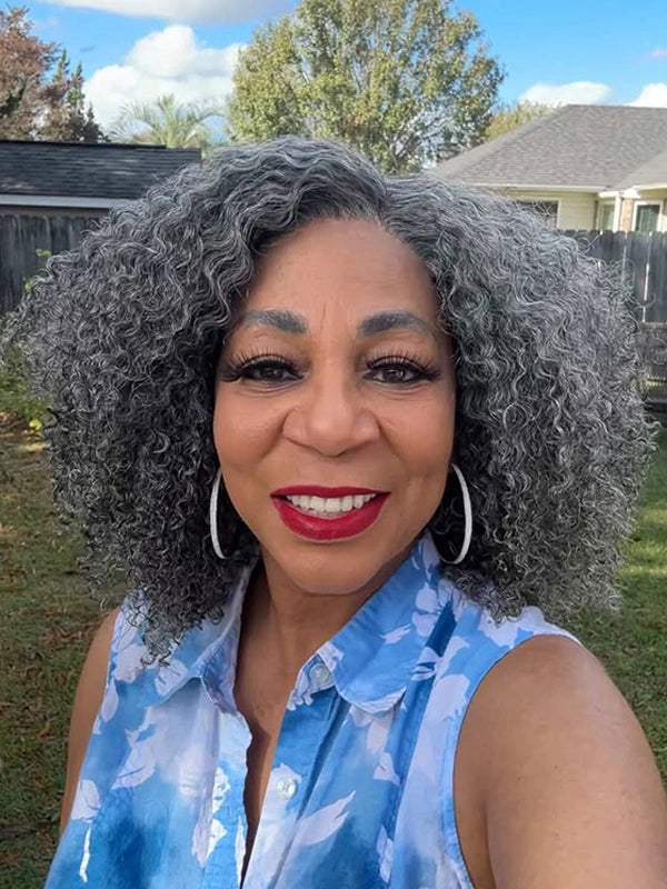 Luvwin 5x5 Jerry Curly Salt And Pepper Glueless Gray Color Pre-Cut Lace Fluffy Bob Wig 100% Real Human Hair