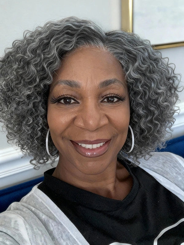Luvwin 5x5 Jerry Curly Salt And Pepper Glueless Gray Color Pre-Cut Lace Fluffy Bob Wig 100% Real Human Hair