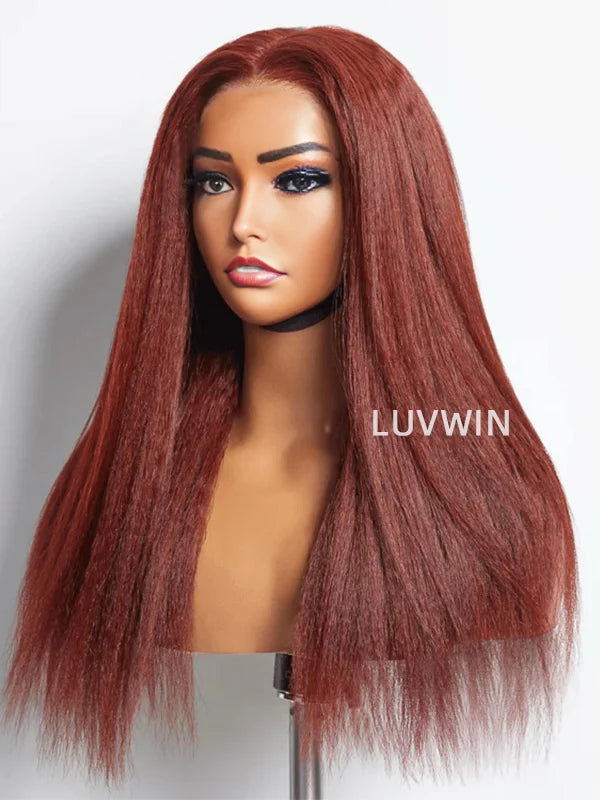 Luvwin Reddish Brown Kinky Straight 13x4 Pre-Cut Lace Human Hair Glueless Wigs