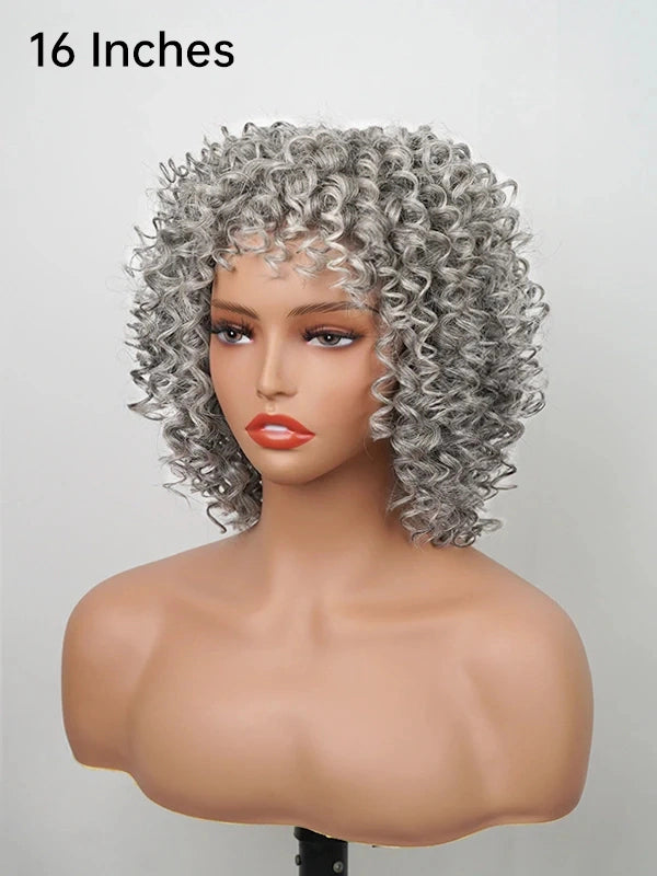 Luvwin Salt And Pepper Ringlet Curls Wig With Bangs