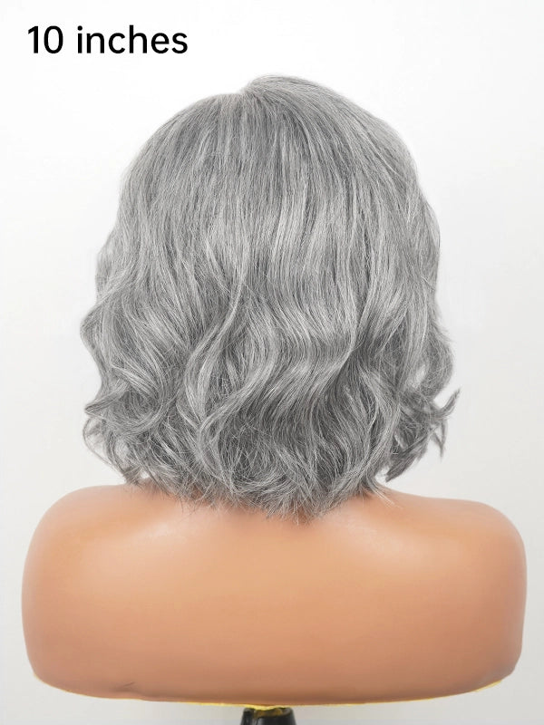 Luvwin 5x5 Lace Salt & Pepper Side-Part Layered Bob with Natural Waves 100% Human Hair Wig For Mature Women