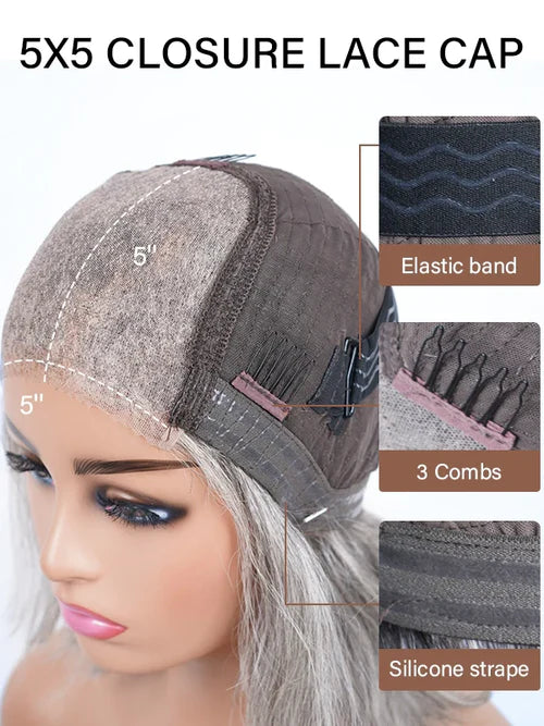 Luvwin 5x5 Salt And Pepper Money Piece Wave Glueless Gray Wig