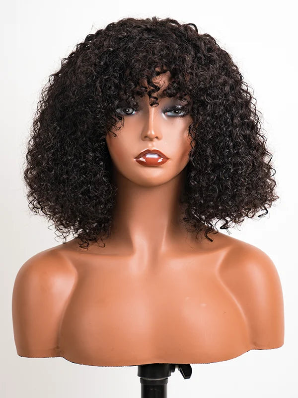 Luvwin Water Wave Perruque courte à frange sans dentelle 100 % cheveux humains