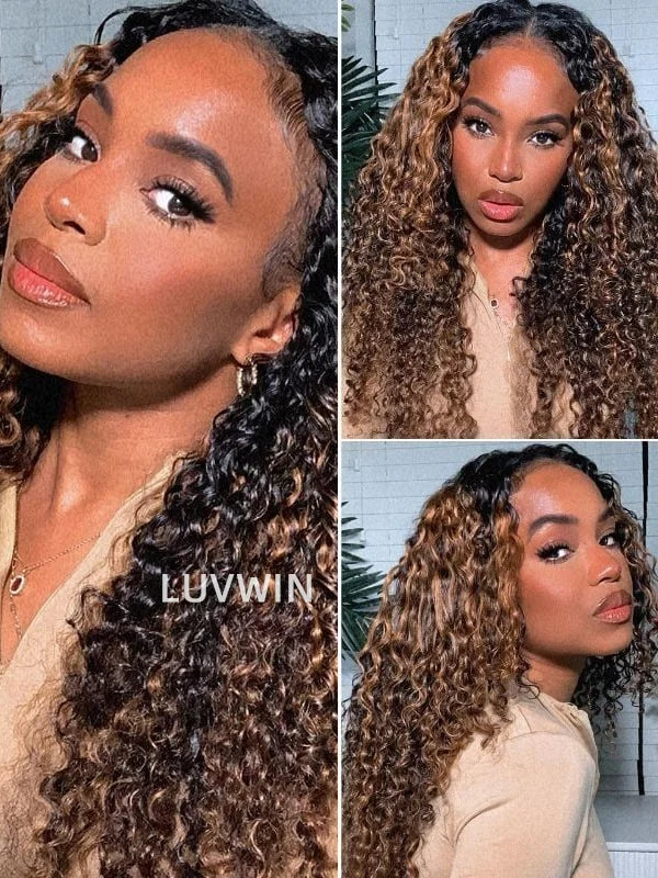 Luvwin 5x5 Side Part Water Wave Brown Highlights Pre-Cut Transparent Closure Wig