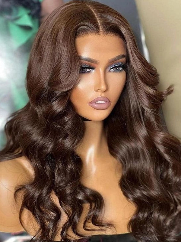Luvwin #4 Chocolate Brown Body Wave 13x4 Pre-cut Lace Frontal Wig Human Hair Wig