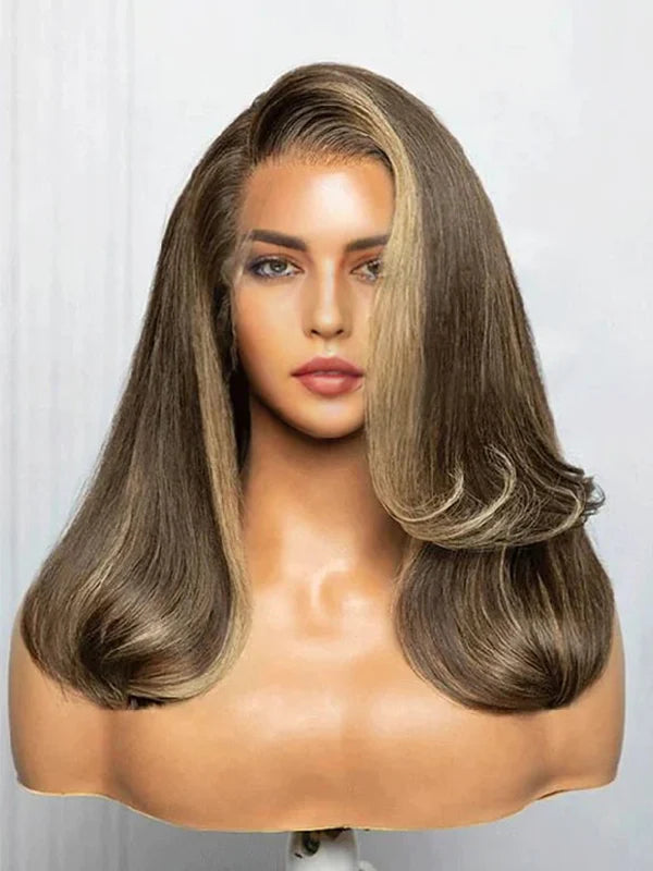 Luvwin Deep Side Part Brown Root With Blonde Money Piece Lace Front Wig 180% Density