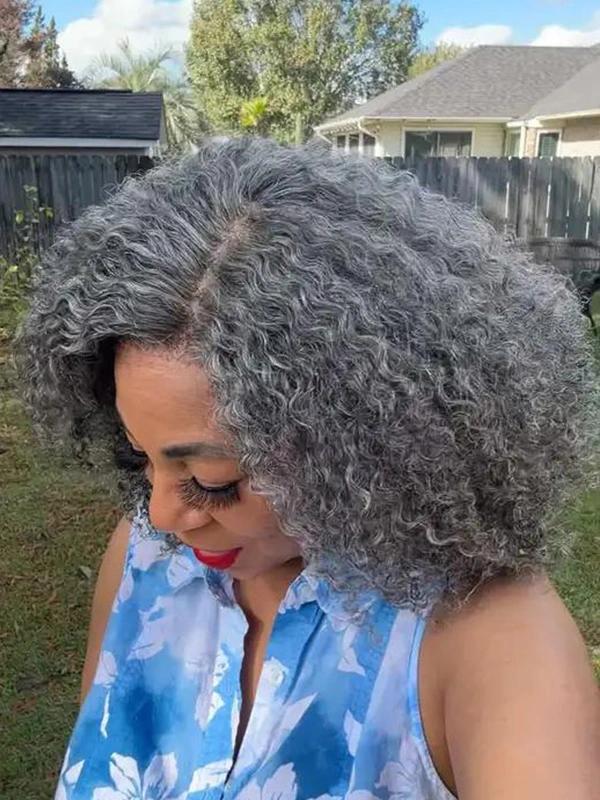 Luvwin 5x5 Jerry Curly Salt And Pepper Glueless Gray Color Pre-Cut Lace Fluffy Bob Wig 100% Real Human Hair