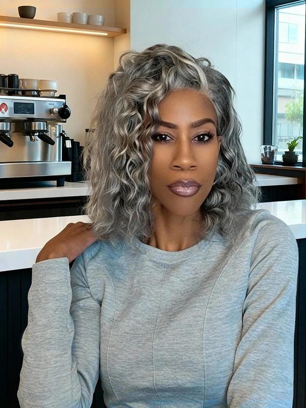 Luvwin Salt And Pepper Gentle Loose Curly Glueless Grey Color 5x5 Pre-Cut Lace Bob Wig 100% Human Hair