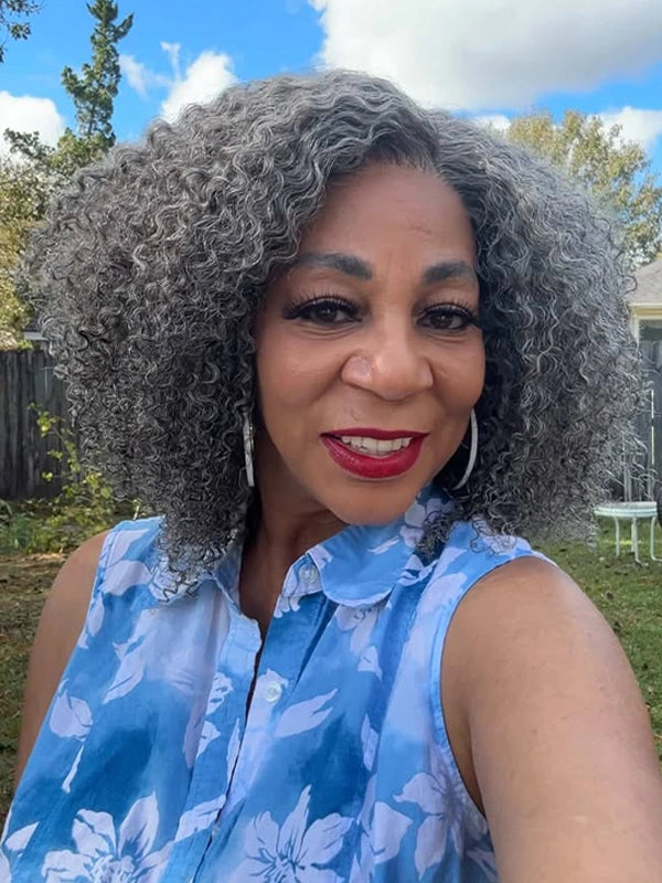 Luvwin 5x5 Jerry Curly Salt And Pepper Glueless Gray Color Pre-Cut Lace Fluffy Bob Wig 100% Real Human Hair