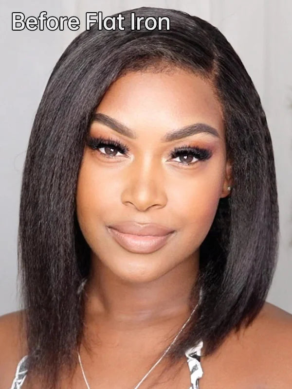 Bords 4C | Luvwin 180% Densité Deep Side Parted Indétectable Lace Glueless Kinky Straight Bob Wig