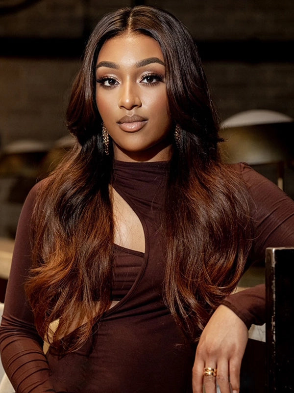 Luvwin Long Layered Curtain Bangs with Rich Honey Brown Ombre Lace Front Wigs For Black Women
