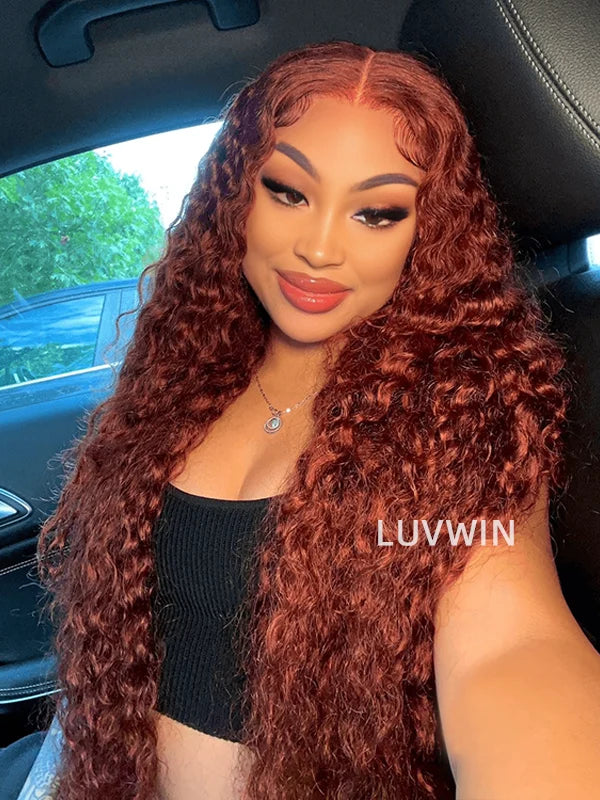 Luvwin Reddish Brown Wear And Go 13x4 Pre-Cut Lace Jerry Curly Long Human Hair Wigs For Women