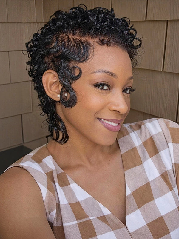 Luvwin Full Lace Wave Curls Short Pixie Cut Wig 100% Human Hair