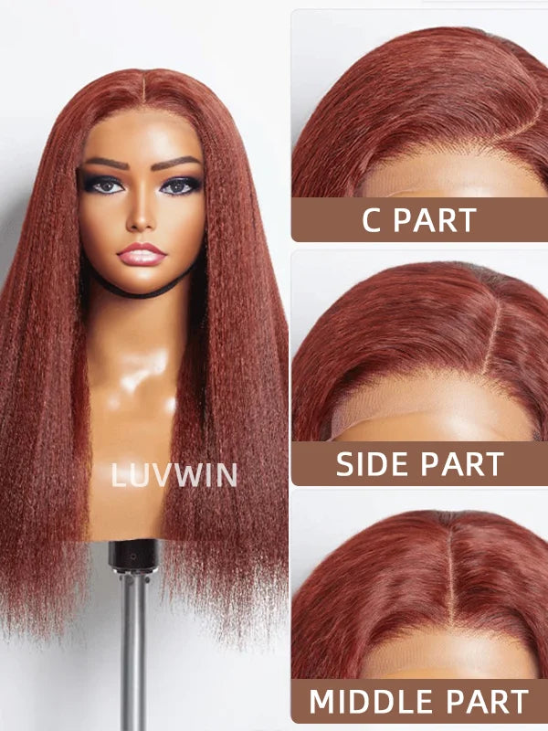 Luvwin Reddish Brown Kinky Straight 13x4 Pre-Cut Lace Human Hair Glueless Wigs