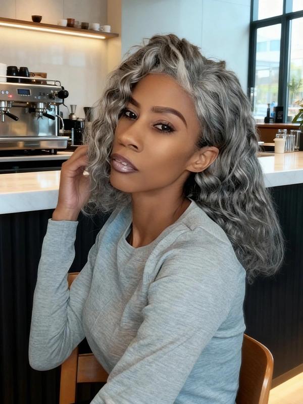 Luvwin Salt And Pepper Gentle Loose Curly Glueless Grey Color 5x5 Pre-Cut Lace Bob Wig 100% Human Hair