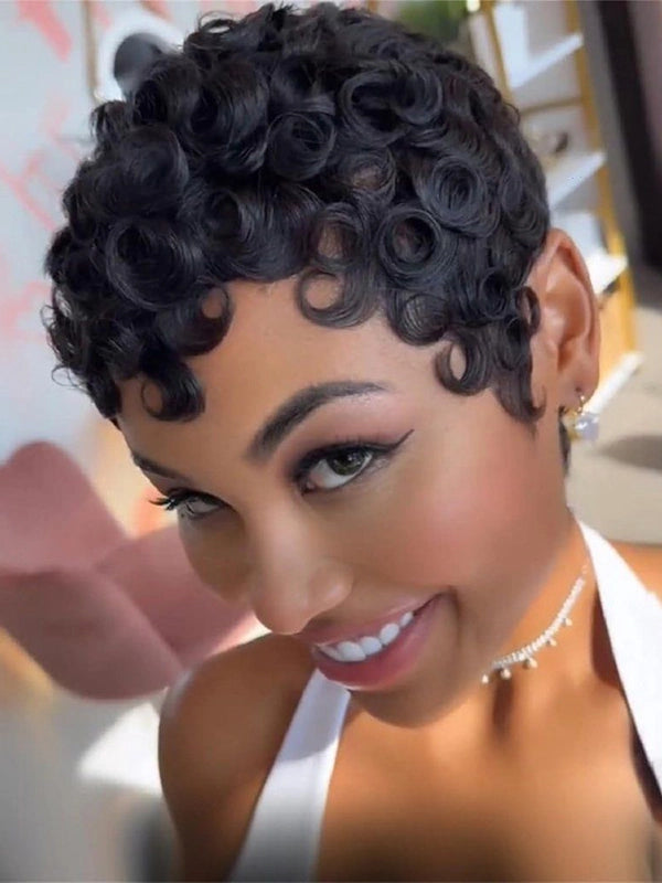 Luvwin Full Lace Wave Curls Short Pixie Cut Wig 100% Human Hair