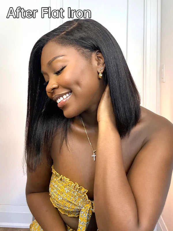 Bords 4C | Luvwin 180% Densité Deep Side Parted Indétectable Lace Glueless Kinky Straight Bob Wig
