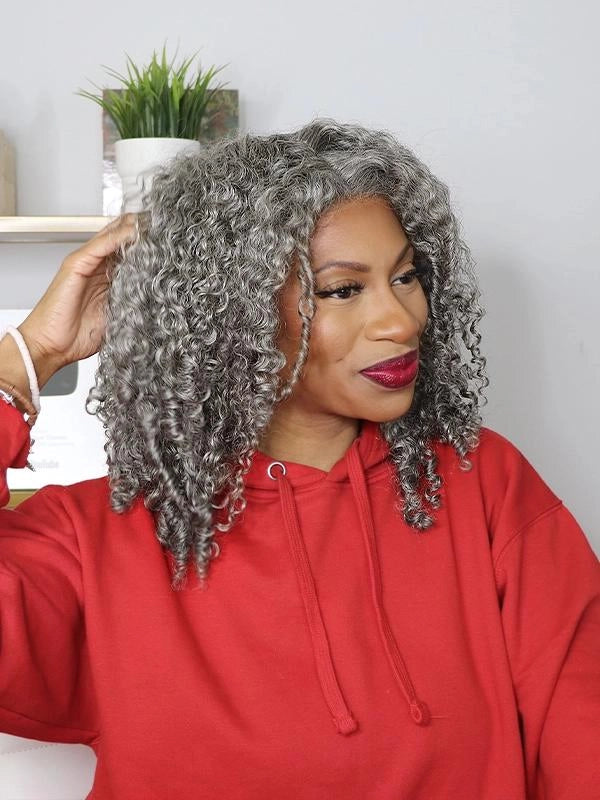 Luvwin 13x4 Salt And Pepper Natural Curly Glueless Gray Color Pre-Cut Lace Bob Wig