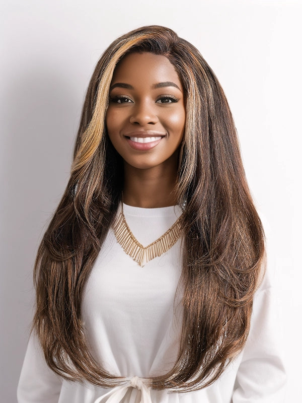 Luvwin Dark Brown With Blonde Highlights 13x4 Lace Frontal Wig For Black Women