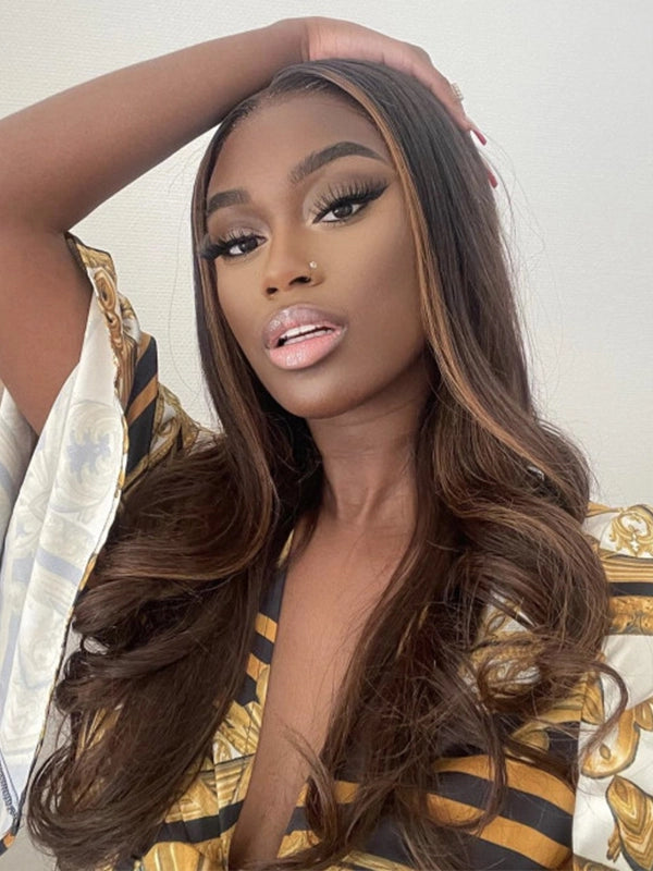 Luvwin Brown Hair Wig With Caramel Highlights 180% Density Pre Cut Lace Glueless Wigs For Black Women