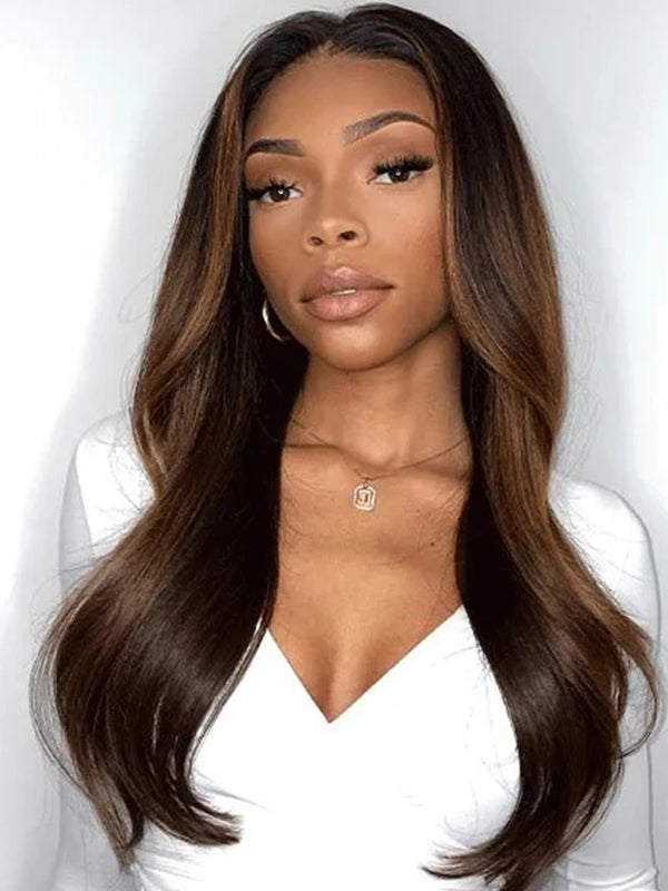 Luvwin Brown Hair Wig With Caramel Highlights 180% Density Pre Cut Lace Glueless Wigs For Black Women