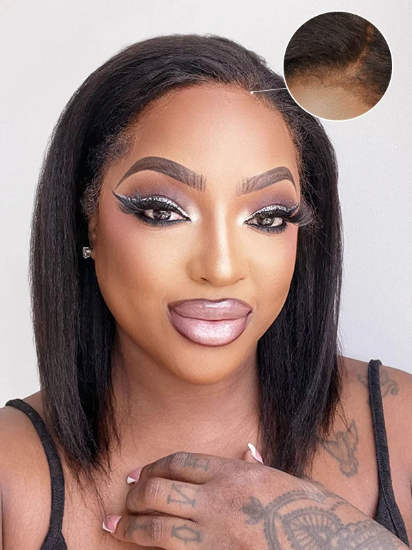A Sexy Lady wearing A natural color 4C Edges Kinky Straight Bob wig