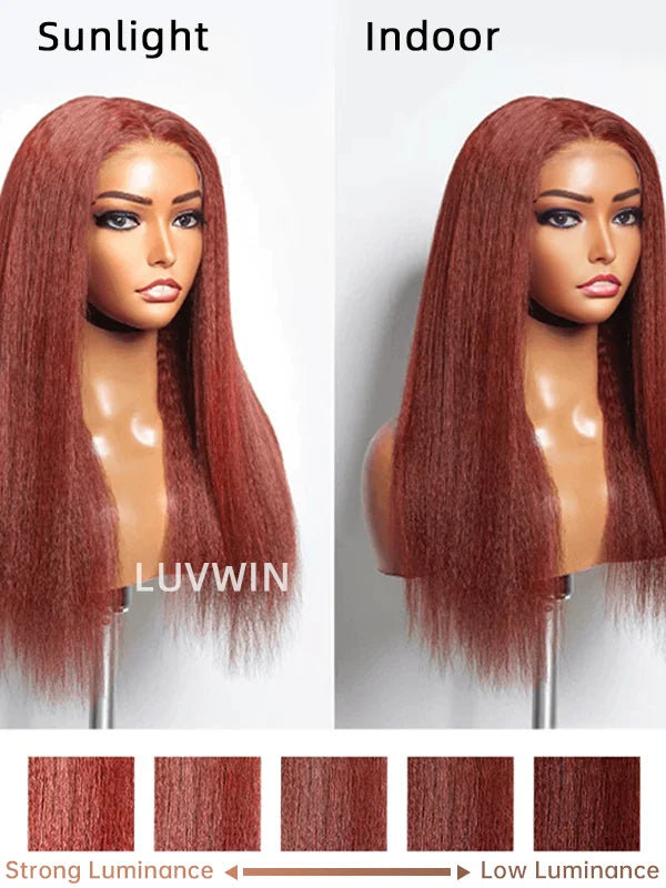 Luvwin Reddish Brown Kinky Straight 13x4 Pre-Cut Lace Human Hair Glueless Wigs