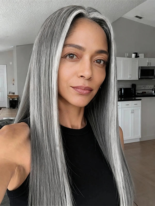 Luvwin 13x4 Silky Salt & Pepper Long Straight Silver Wig 100% Human Hair
