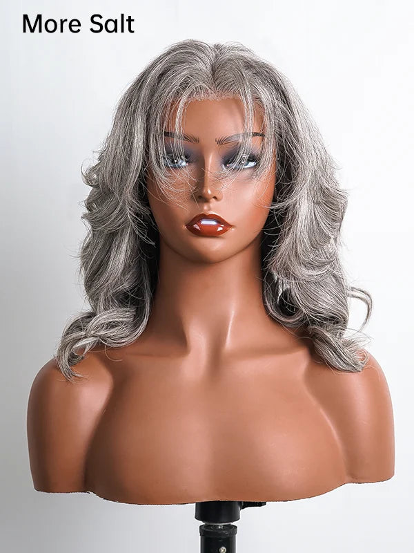 Luvwin 5x5 Salt And Pepper Glueless Gray Color Layered Cut Body Wave Pre-Cut Lace Bob Wig 100% Human Hair