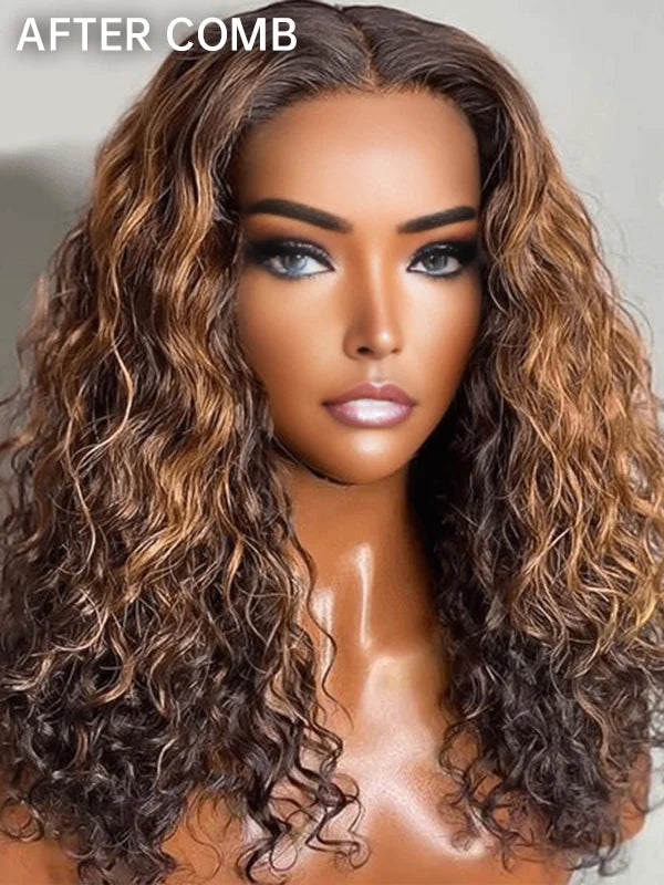 Luvwin 13x4 Honey Blonde Highlight Color Water Wave Human Hair Bob Wig Pre-Cut HD Lace