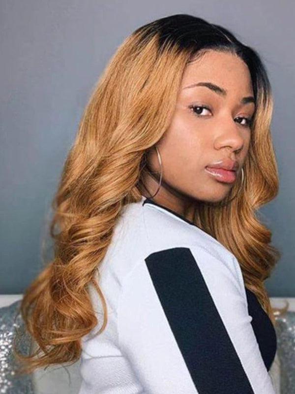 Luvwin 13x4 Frontal Pre-cut Lace Ombre Blonde Color Wig With Black Hair Root Body Wave Hair