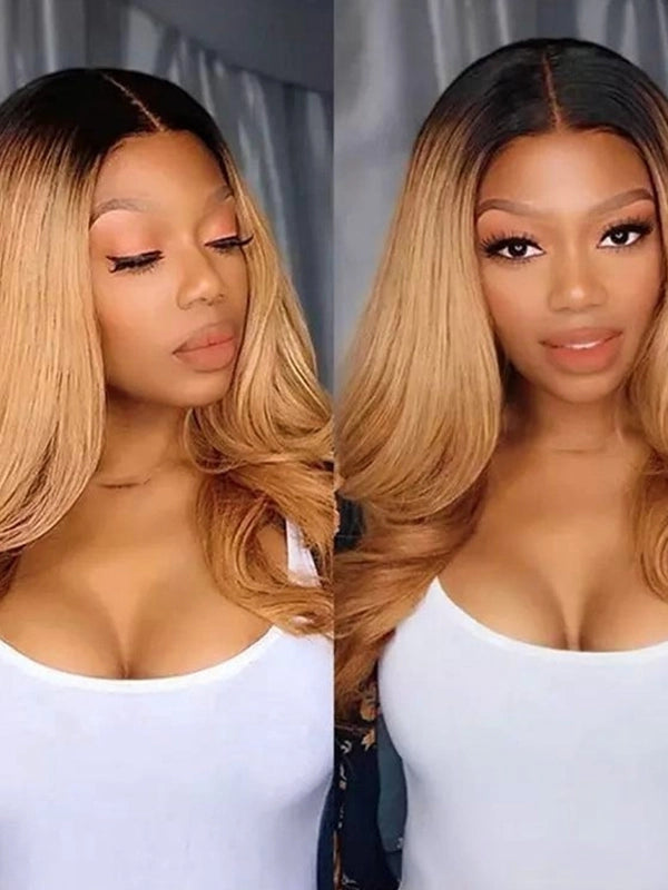Luvwin 13x4 Frontal Pre-cut Lace Ombre Blonde Color Wig With Black Hair Root Body Wave Hair