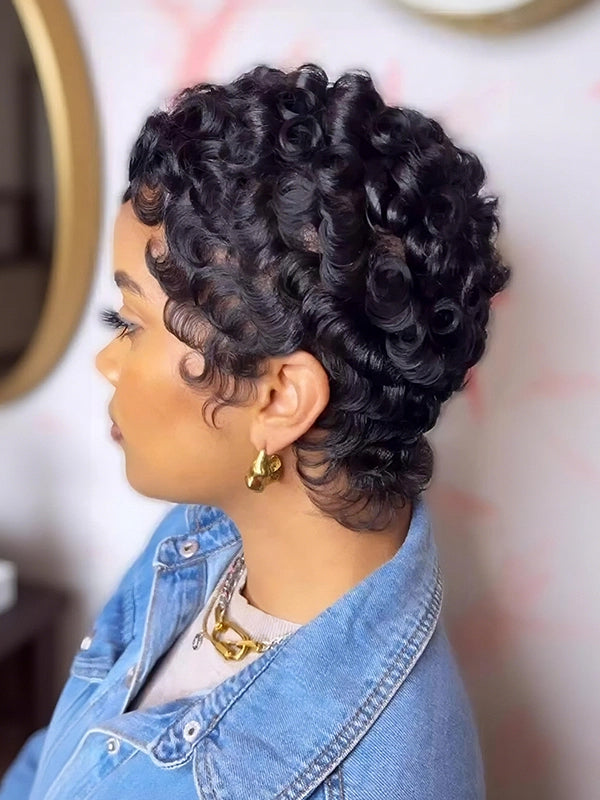 Luvwin Full Lace Wave Curls Short Pixie Cut Wig 100% Human Hair